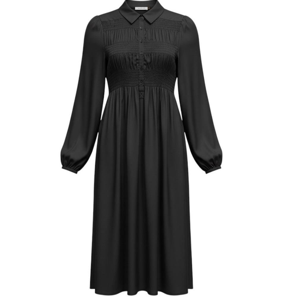 Mustard Seed Black Satin Smocked Midi Dress Long Sleeve Button Front Size S